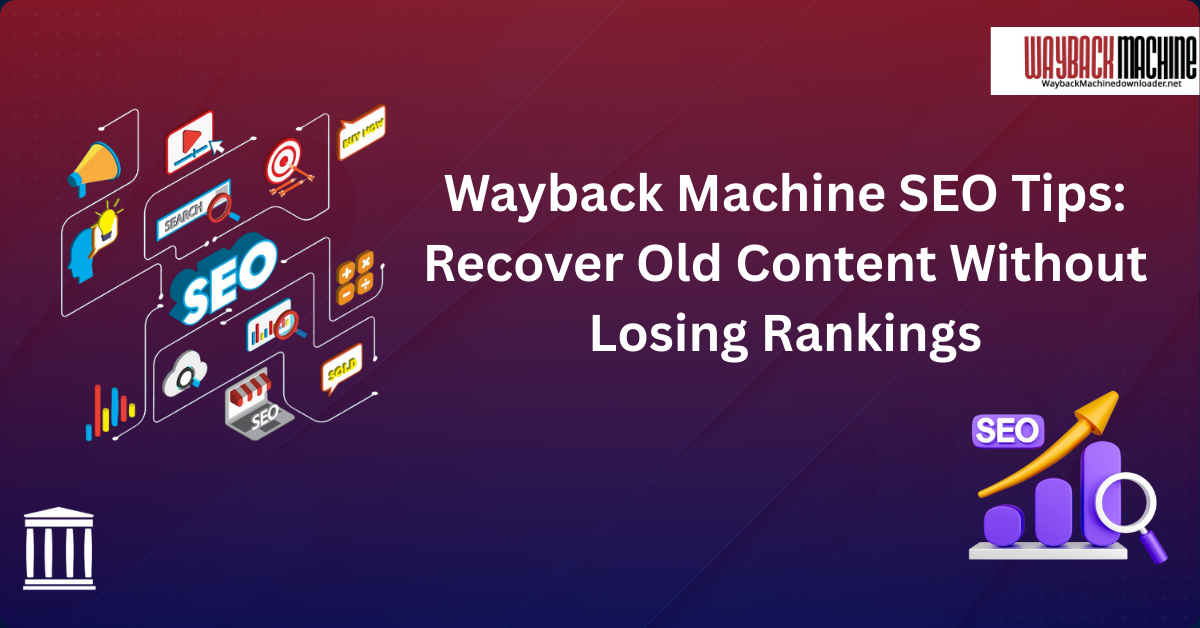 Wayback Machine SEO Tips banner showing strategies to recover old website content without losing rankings, with SEO icons and charts